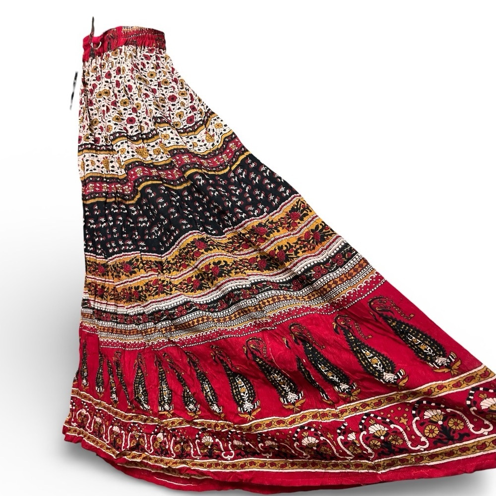 Bohemian Hippie Style Red and Black crinkle Maxi Skirt from India NWT